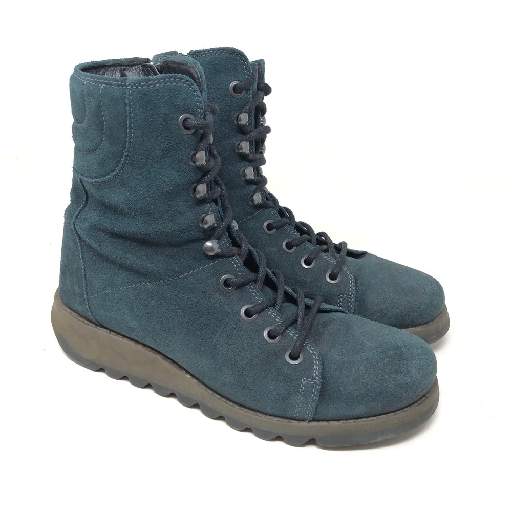 Fly London Womens 41 Pampa Suede Lace Up Zip Combat Boots Petrol Blue